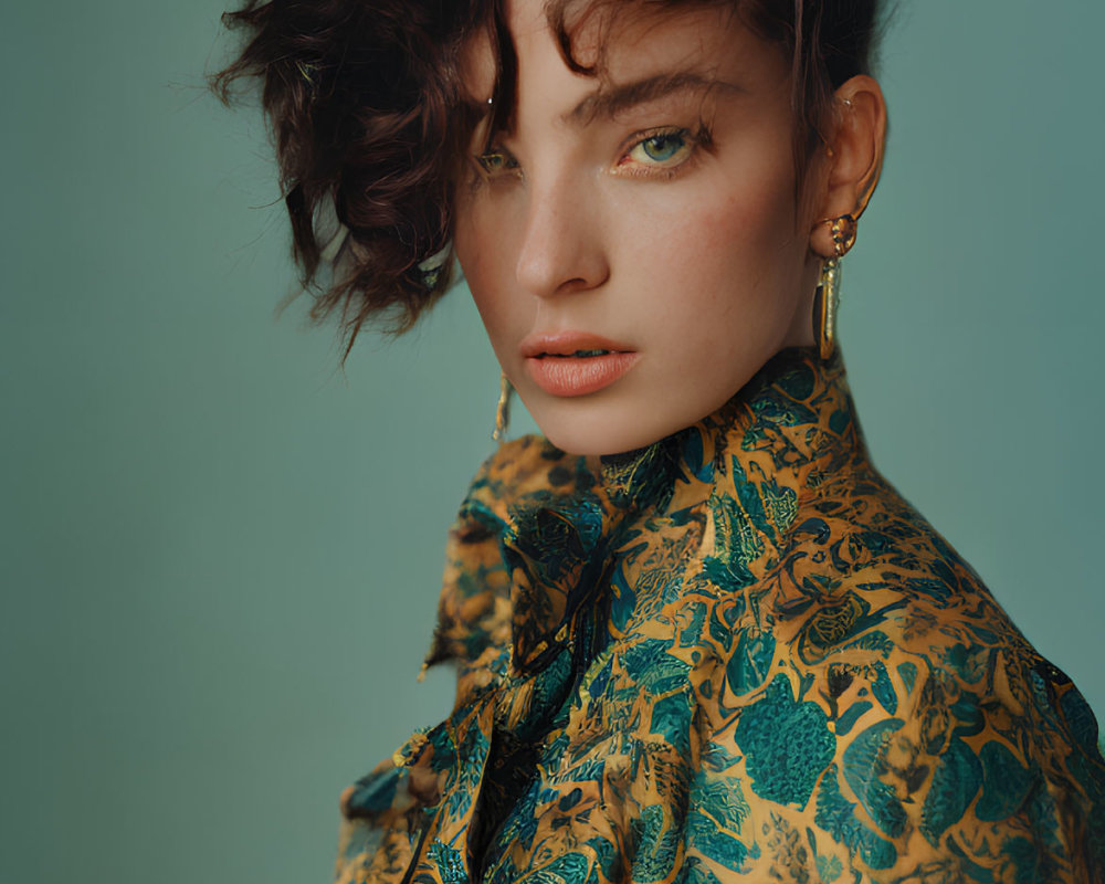 Woman with Short Curly Hair and Green Eyes in Patterned Blouse on Teal Background