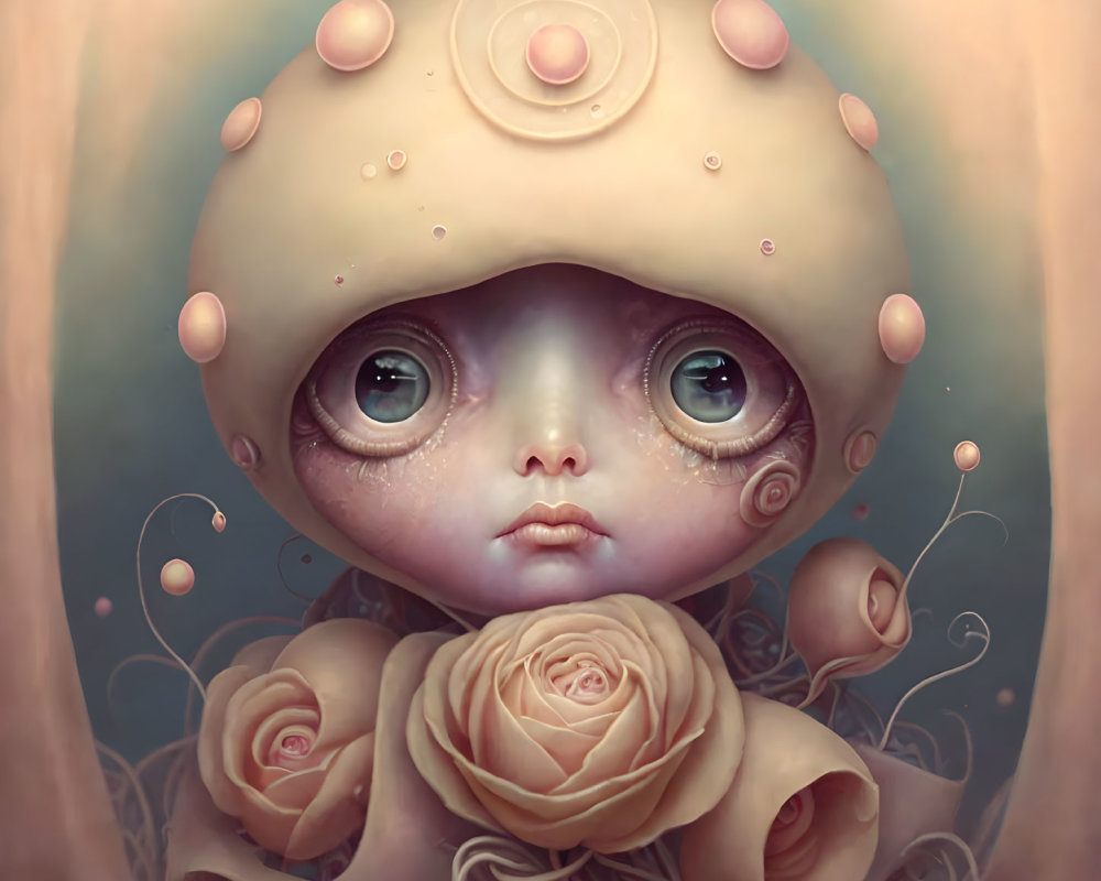 Surreal artwork: Character with large eyes and mushroom cap head among pink roses