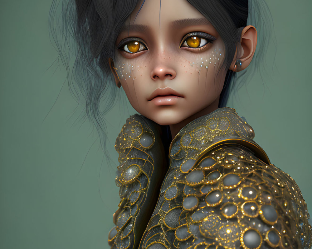 Digital portrait of character with dark hair, golden eyes, freckles, ornate gold-patterned