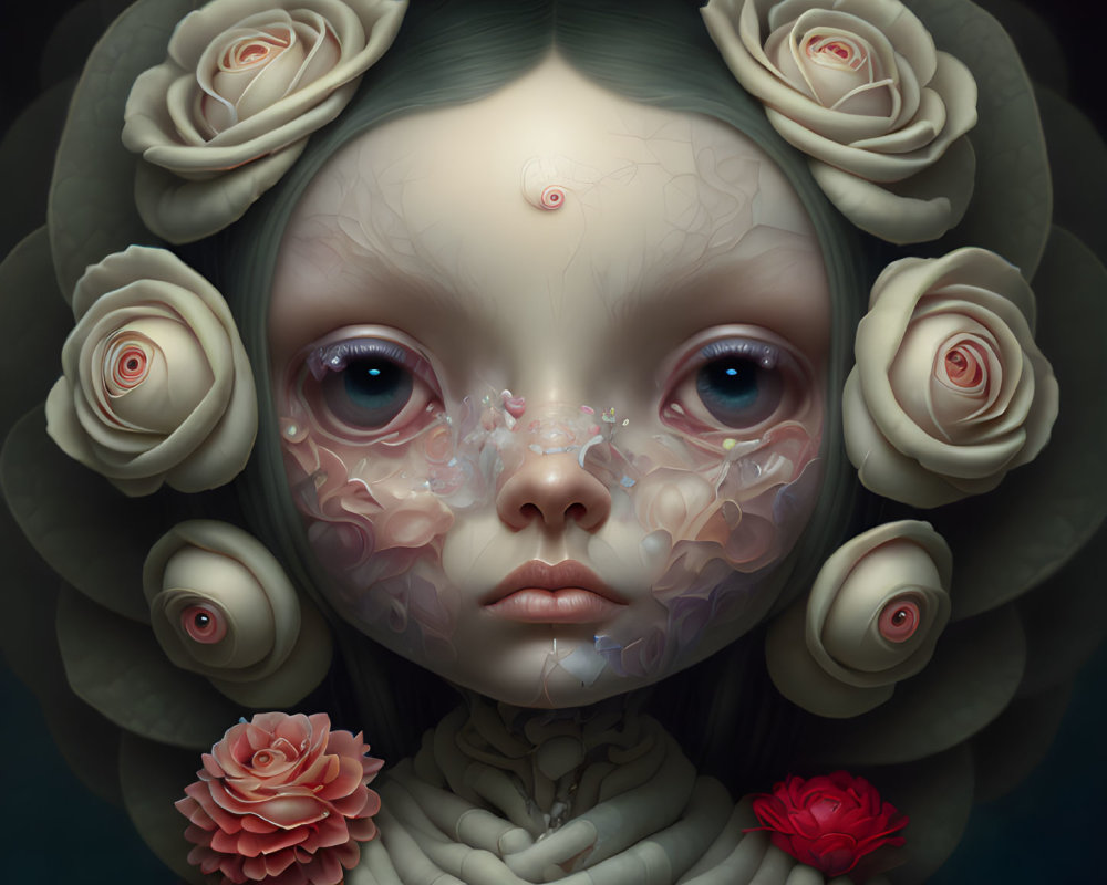 Surreal portrait: Figure with multiple eyes and roses, floral aura