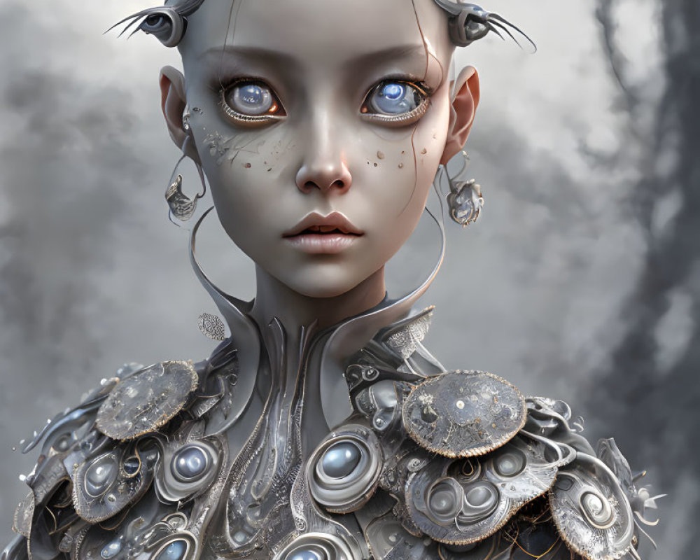 Digital art portrait of female figure with silver mechanical design and expressive eyes in cloudy backdrop