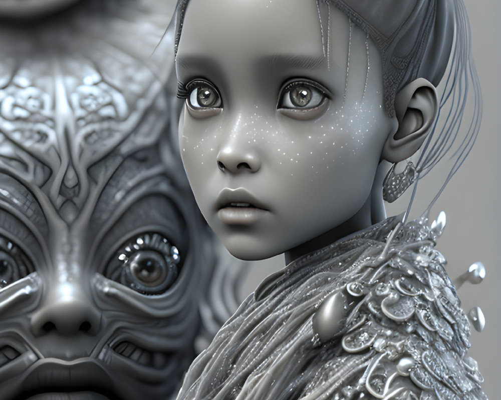 Monochrome digital art: Young girl with buns and freckles next to textured creature