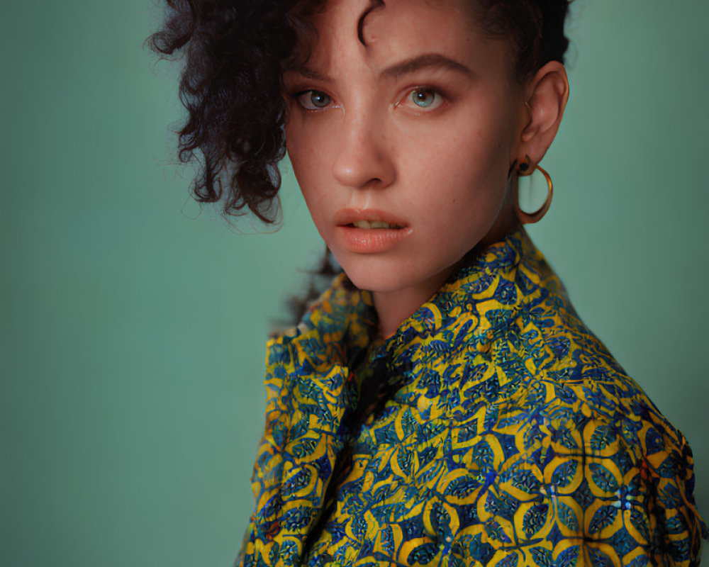 Curly-Haired Woman in Yellow Shirt on Teal Background