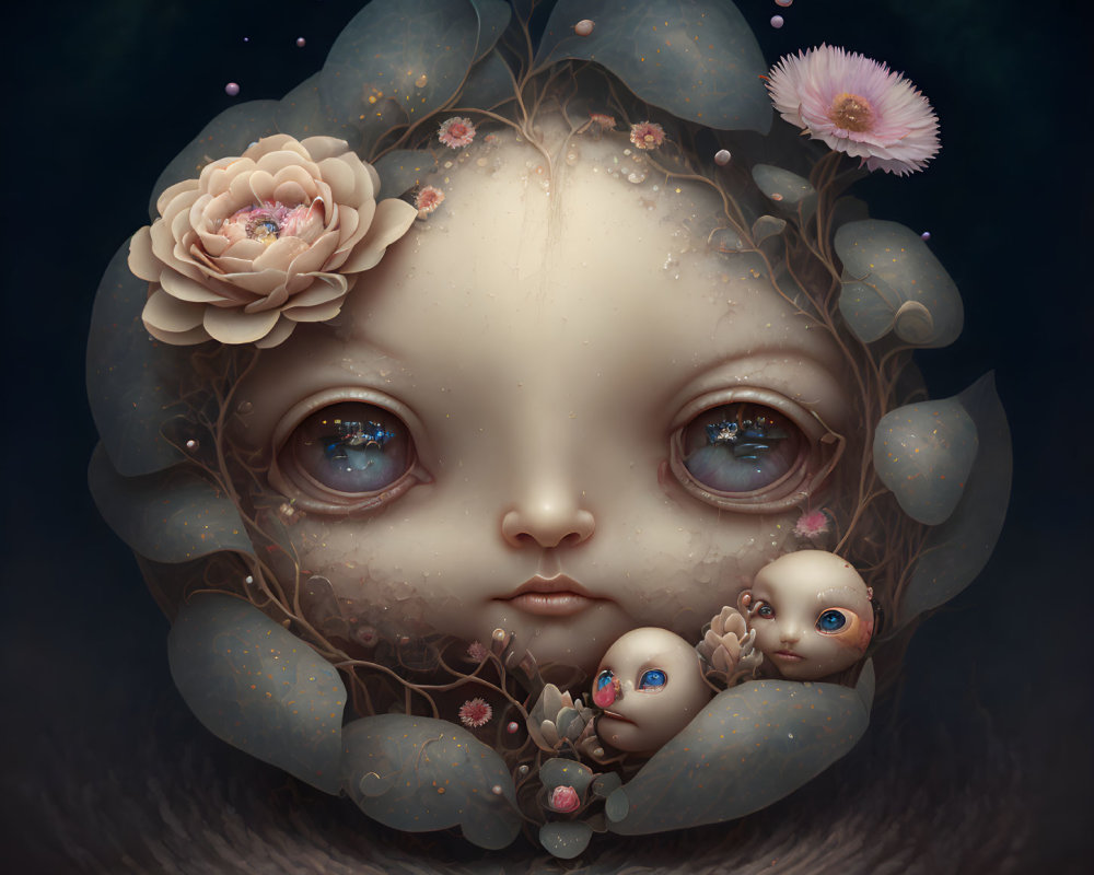 Surreal Artwork with Central Face and Floral Elements