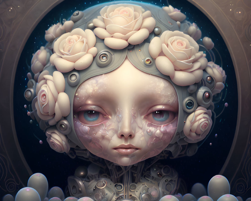 Surreal character with pale skin, large eyes, crown of roses, and bubble motif.