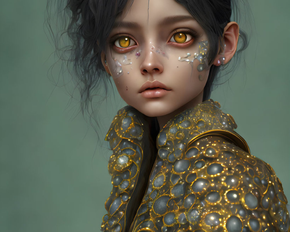 Person with Wide Eyes and Constellation Face Markings in Gold Jacket