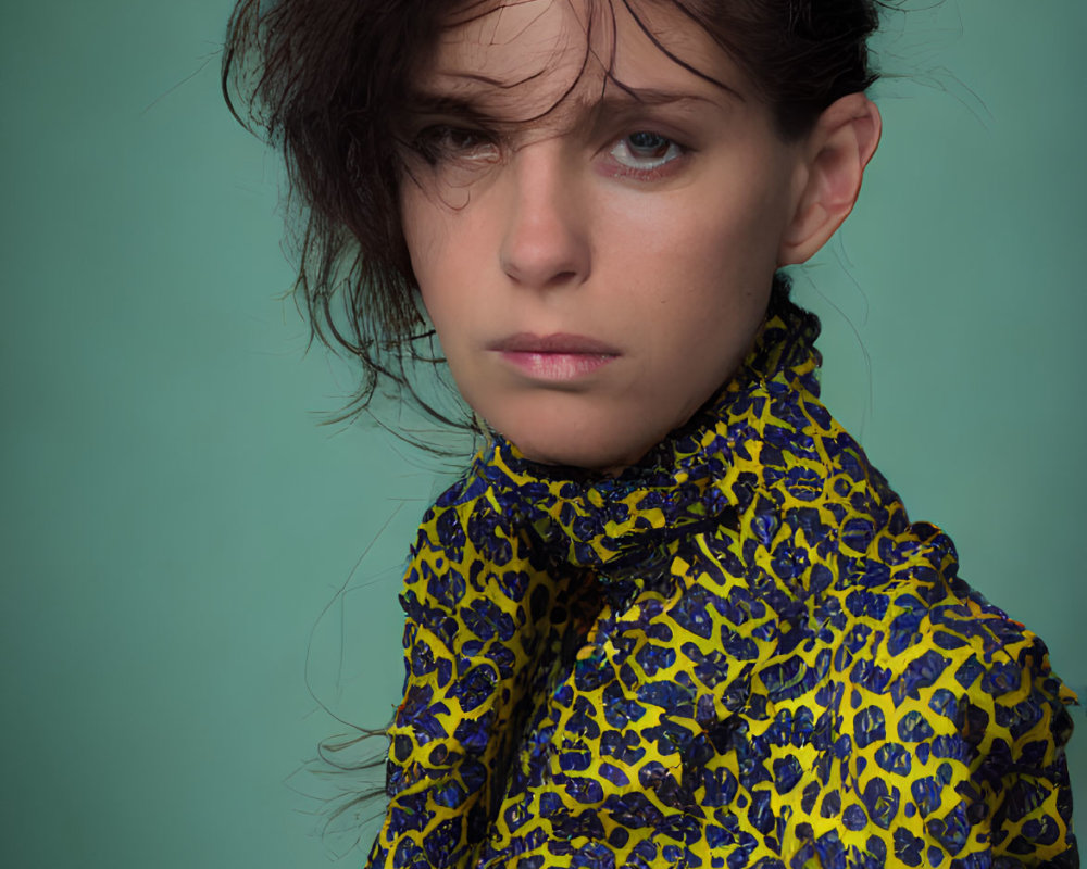 Tousled hair person in yellow and black top against teal background