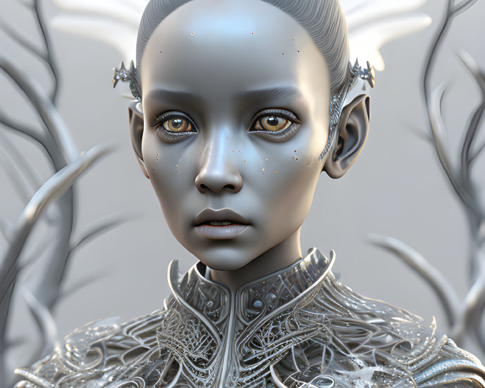 Detailed depiction of a futuristic humanoid in ornate metallic armor with wing-like structures and serene expression