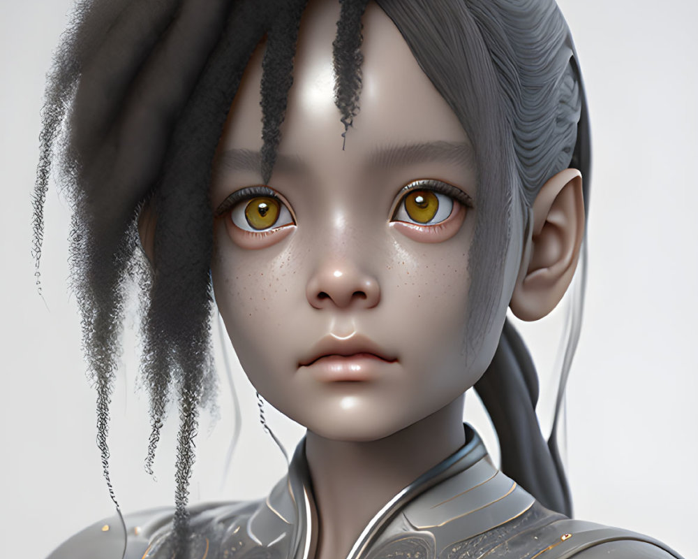 Fantasy character digital portrait with yellow eyes, grey braided hair, and silver armor