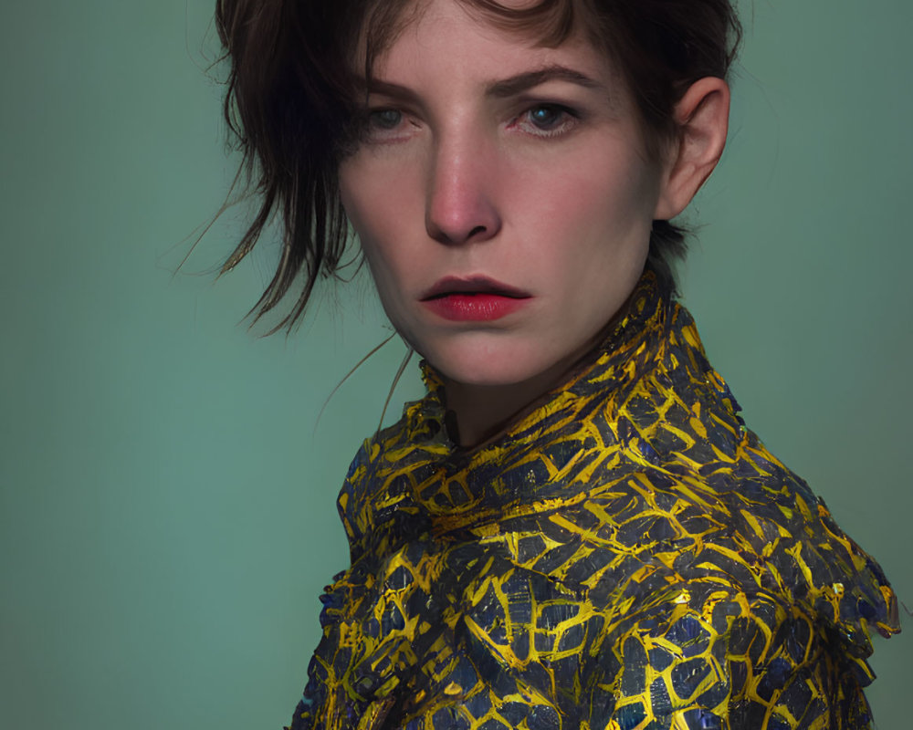 Person with Tousled Hair in Red Lipstick and Yellow Top on Teal Background