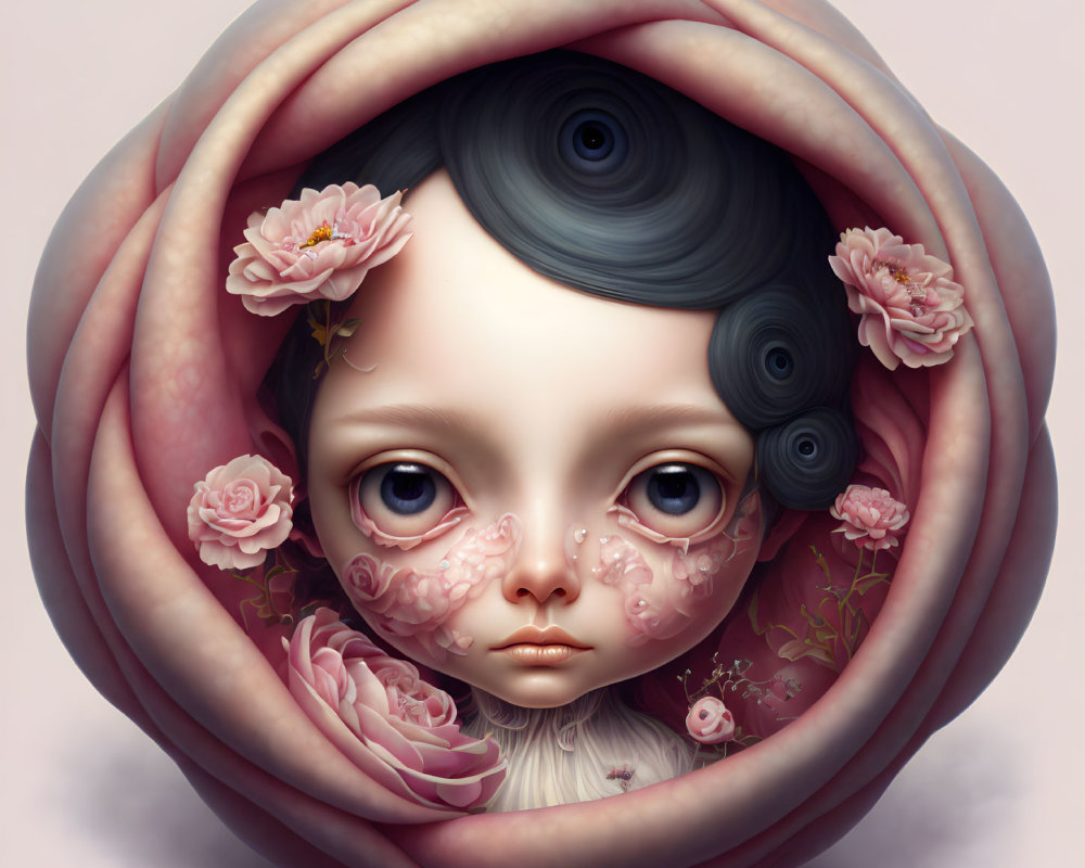 Surreal portrait of child with expressive eyes and floral adornments