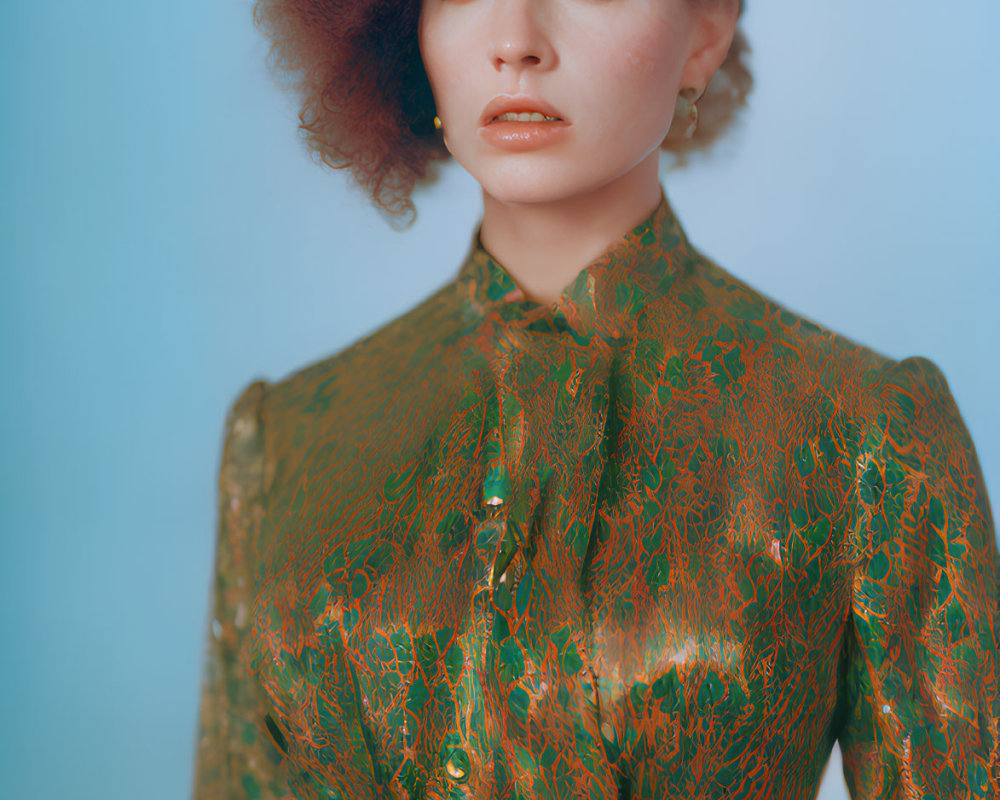 Woman with Curly Hair in Green Dress on Blue Background