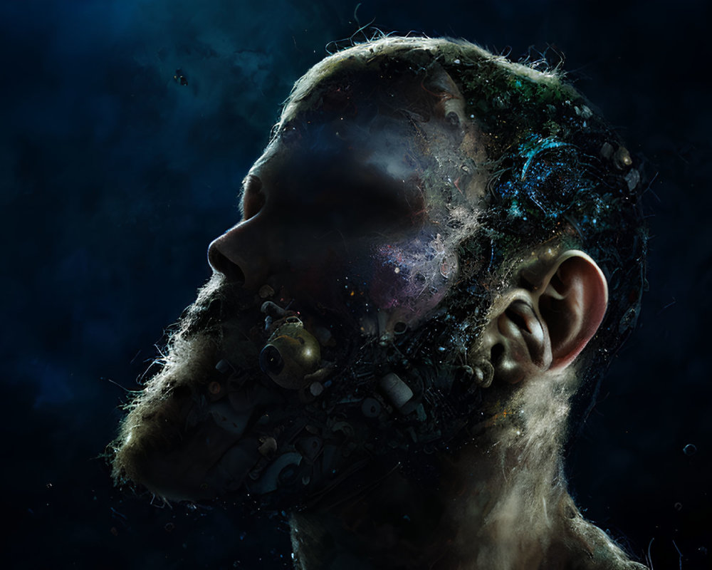 Side profile of human head with mechanical components merging with flesh on dark cosmic background