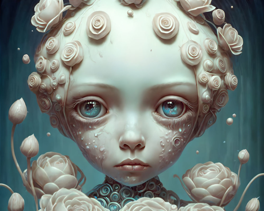 Surreal character with porcelain complexion and blue eyes among white roses and rosebuds.