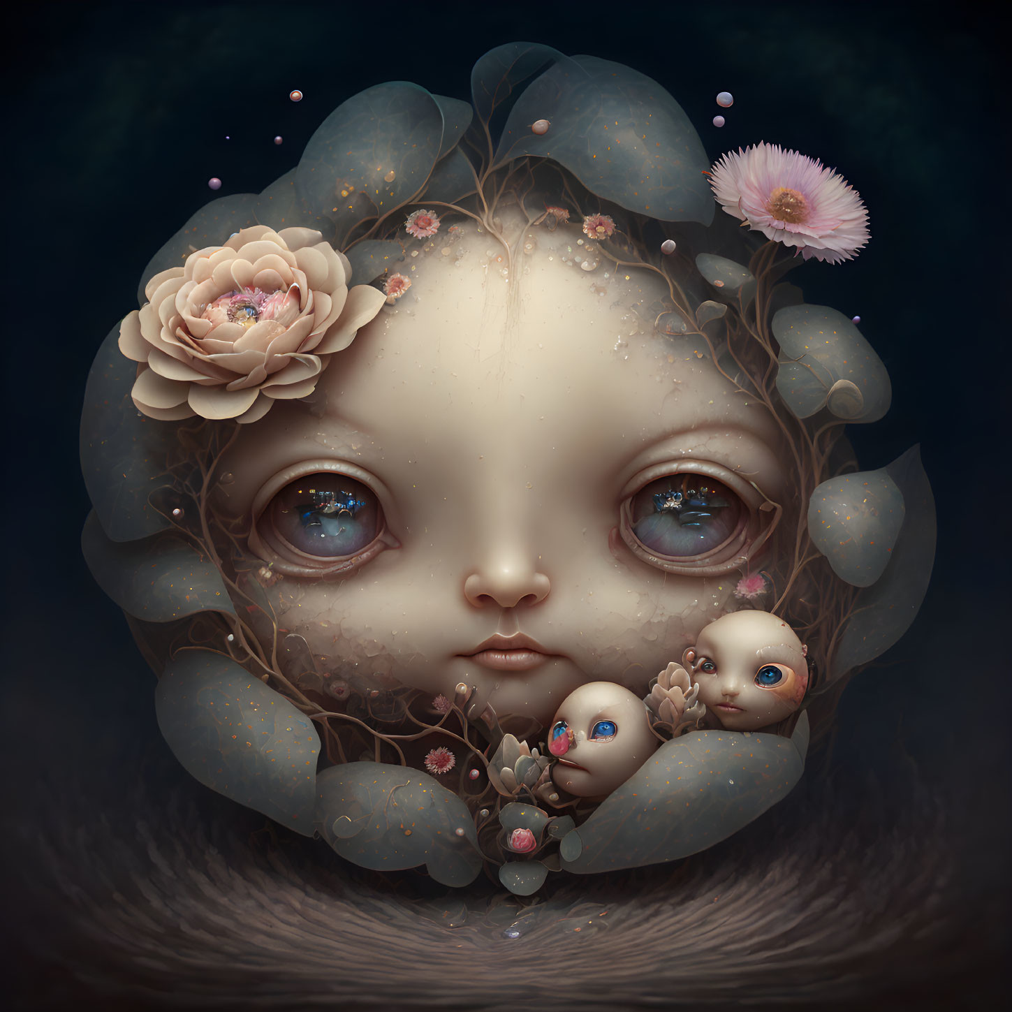 Surreal Artwork with Central Face and Floral Elements