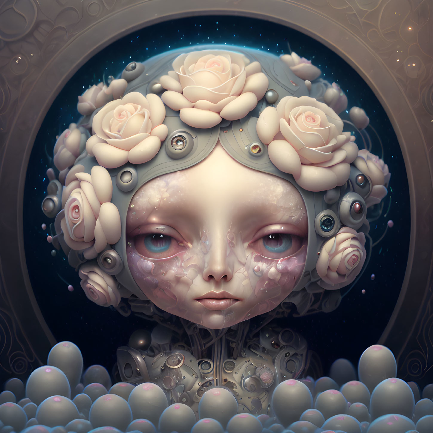 Surreal character with pale skin, large eyes, crown of roses, and bubble motif.