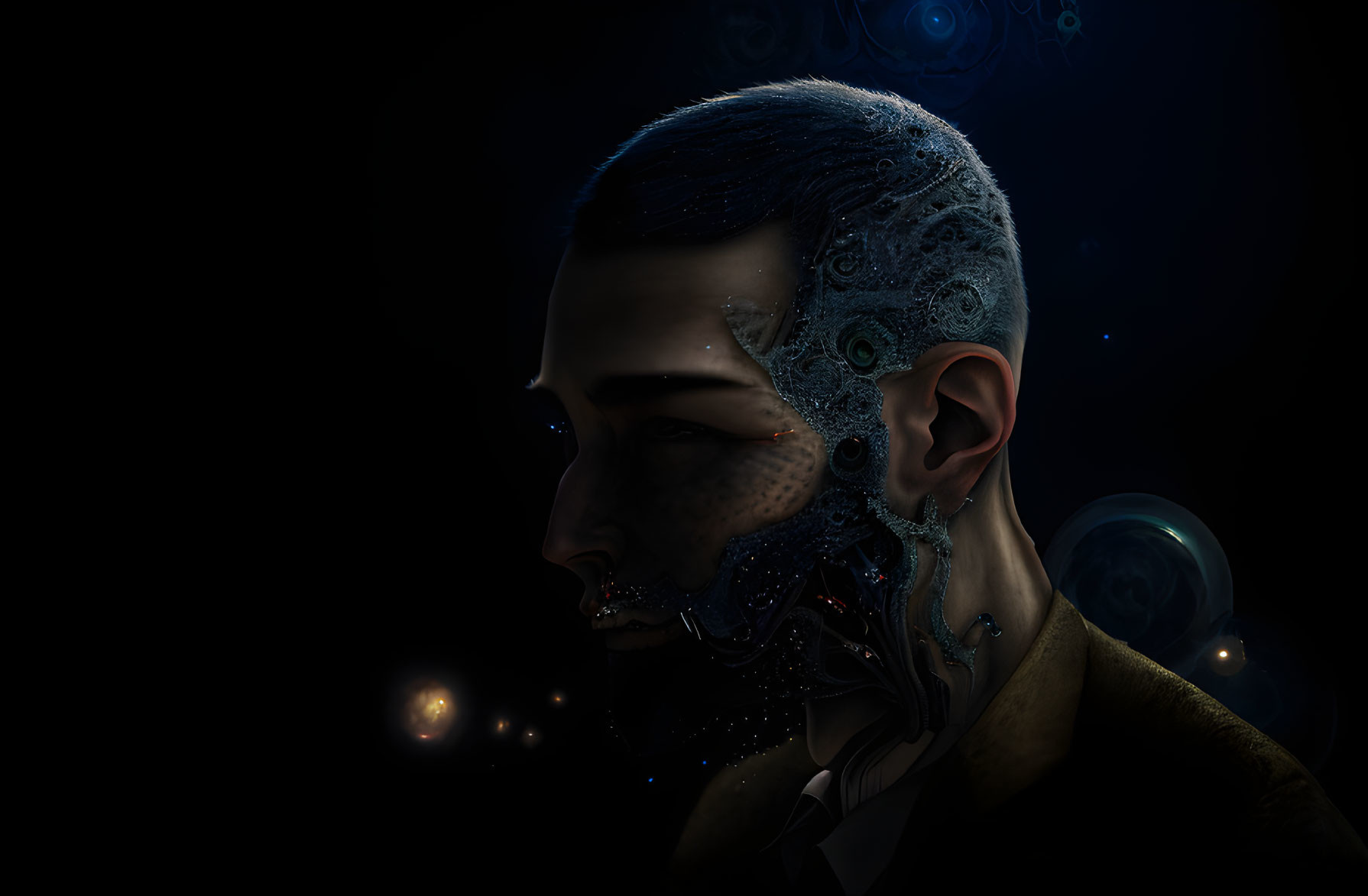 Man with Cybernetic Enhancements in Profile Against Dark Cosmic Background