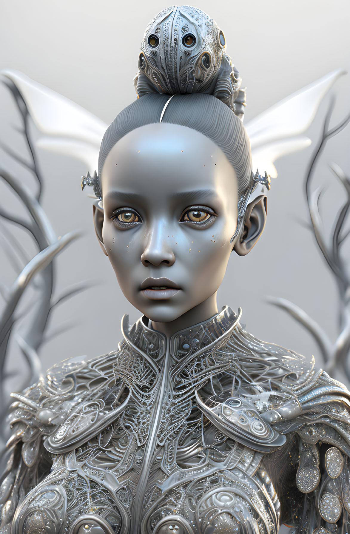 Detailed depiction of a futuristic humanoid in ornate metallic armor with wing-like structures and serene expression