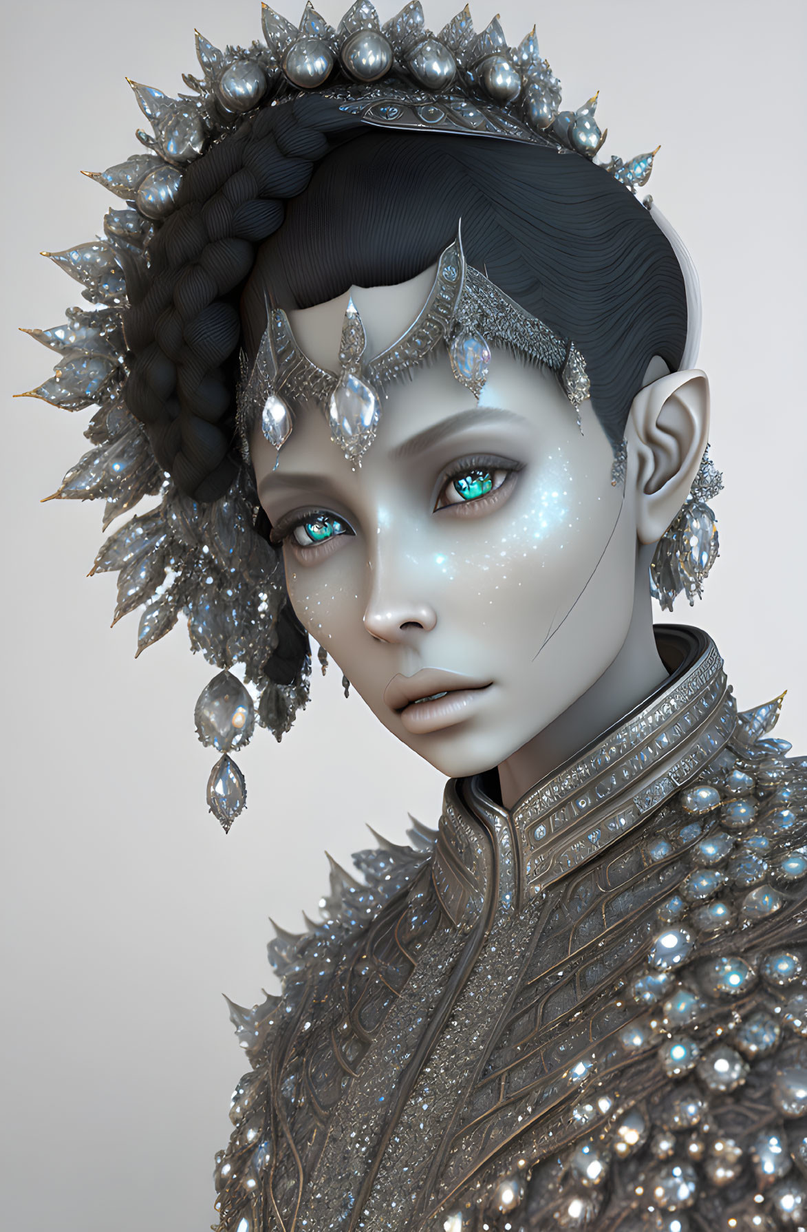 Portrait of a person with silver headgear, blue eyes, jewels, and detailed armor