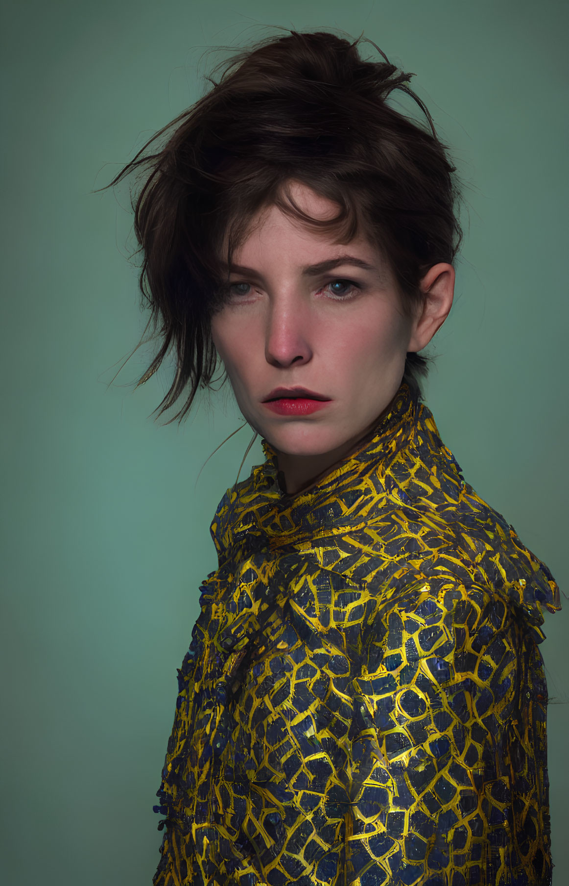 Person with Tousled Hair in Red Lipstick and Yellow Top on Teal Background