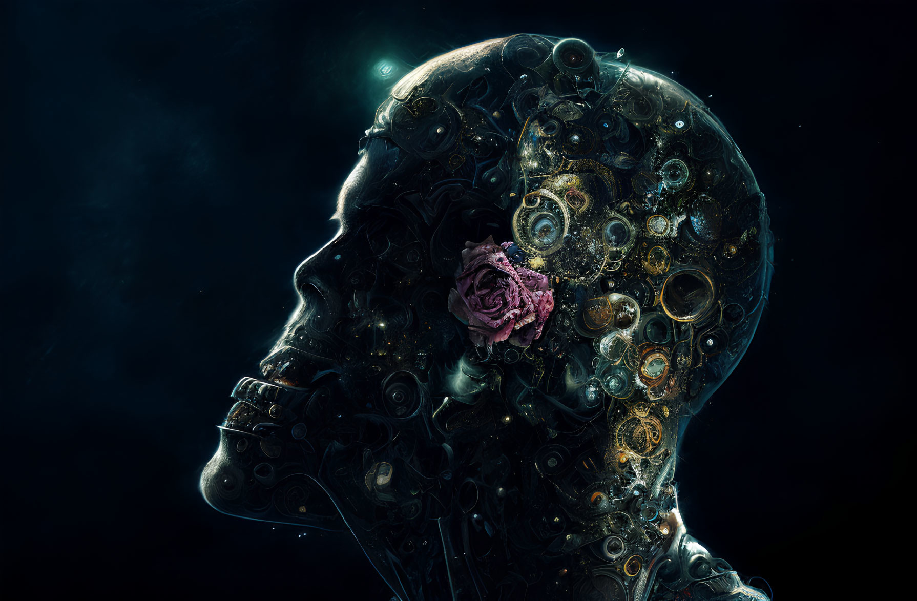 Digital artwork of human profile with transparent head filled with intricate mechanical gears and glowing pink brain