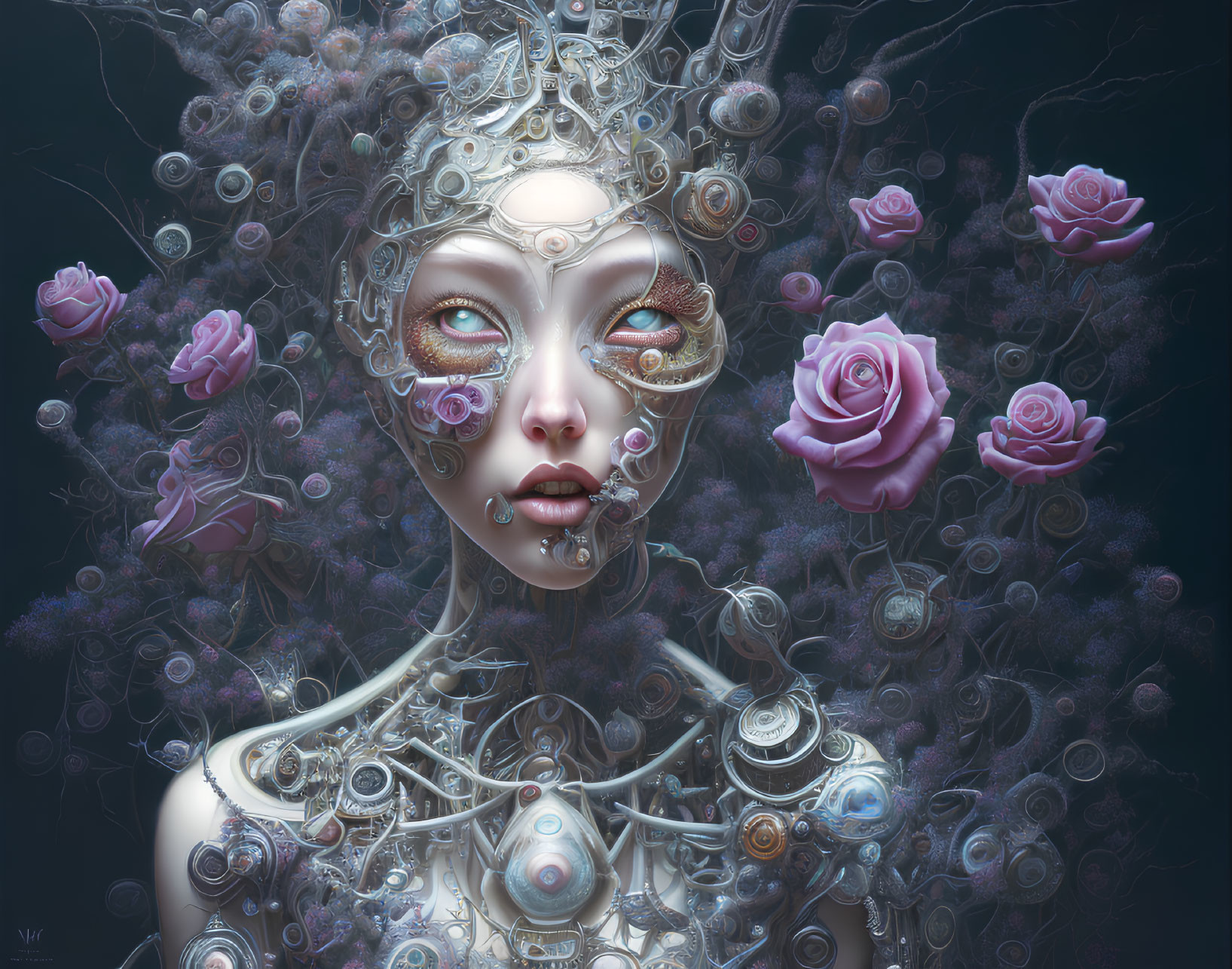 Fantastical female figure with mechanical and floral elements in moody setting