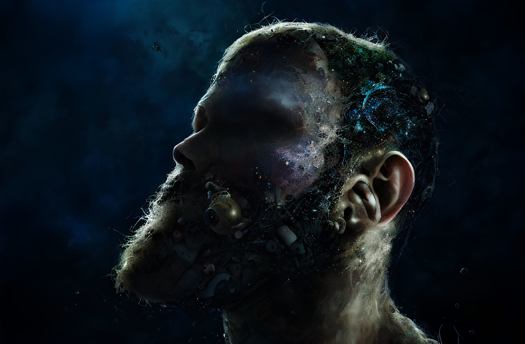 Side profile of human head with mechanical components merging with flesh on dark cosmic background