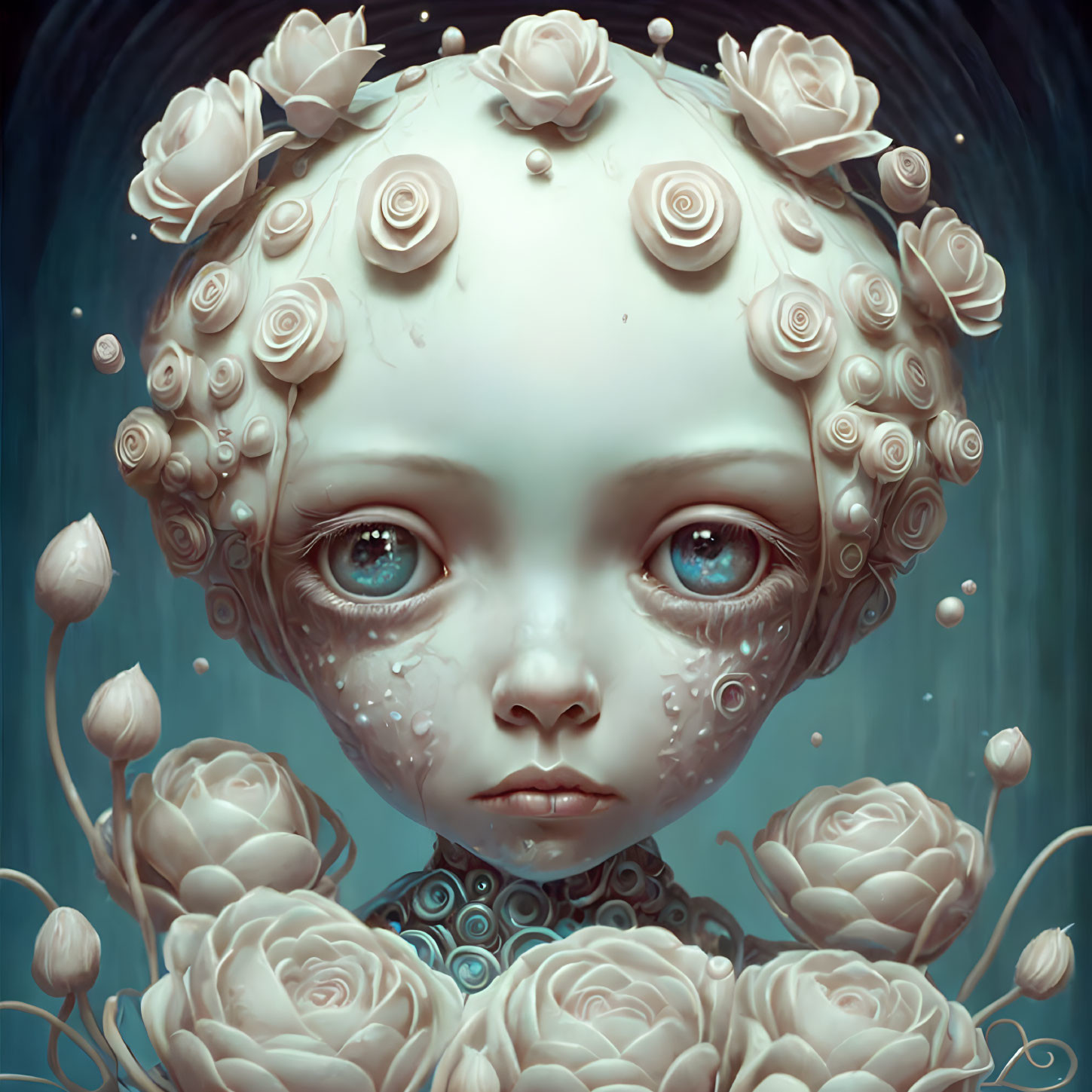 Surreal character with porcelain complexion and blue eyes among white roses and rosebuds.