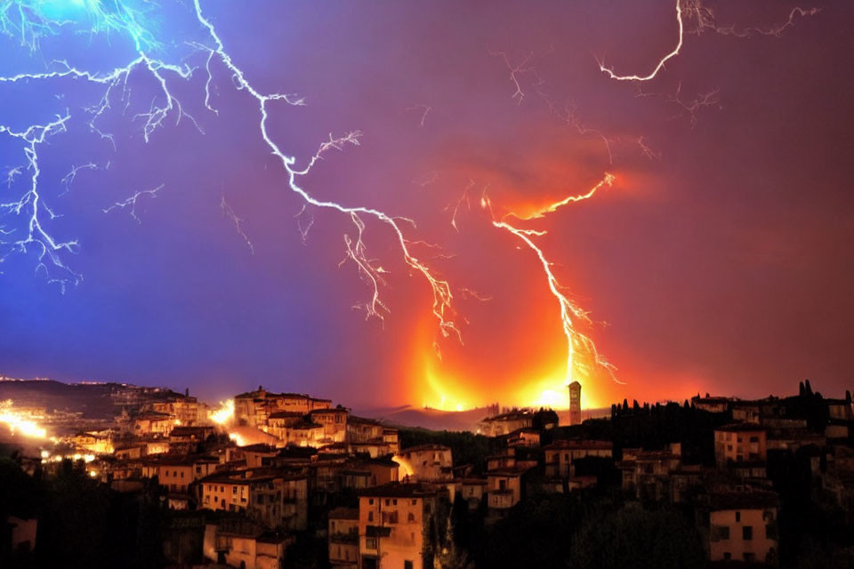 Night sky illuminated by lightning strikes over hillside town with fiery orange glow.