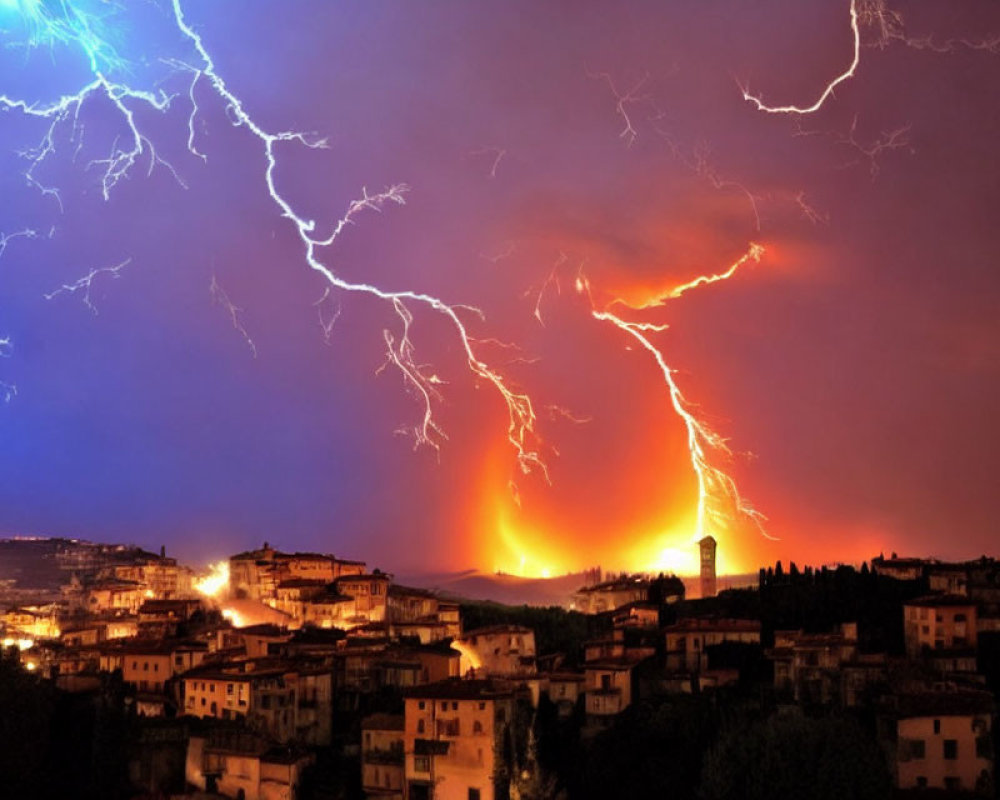 Night sky illuminated by lightning strikes over hillside town with fiery orange glow.