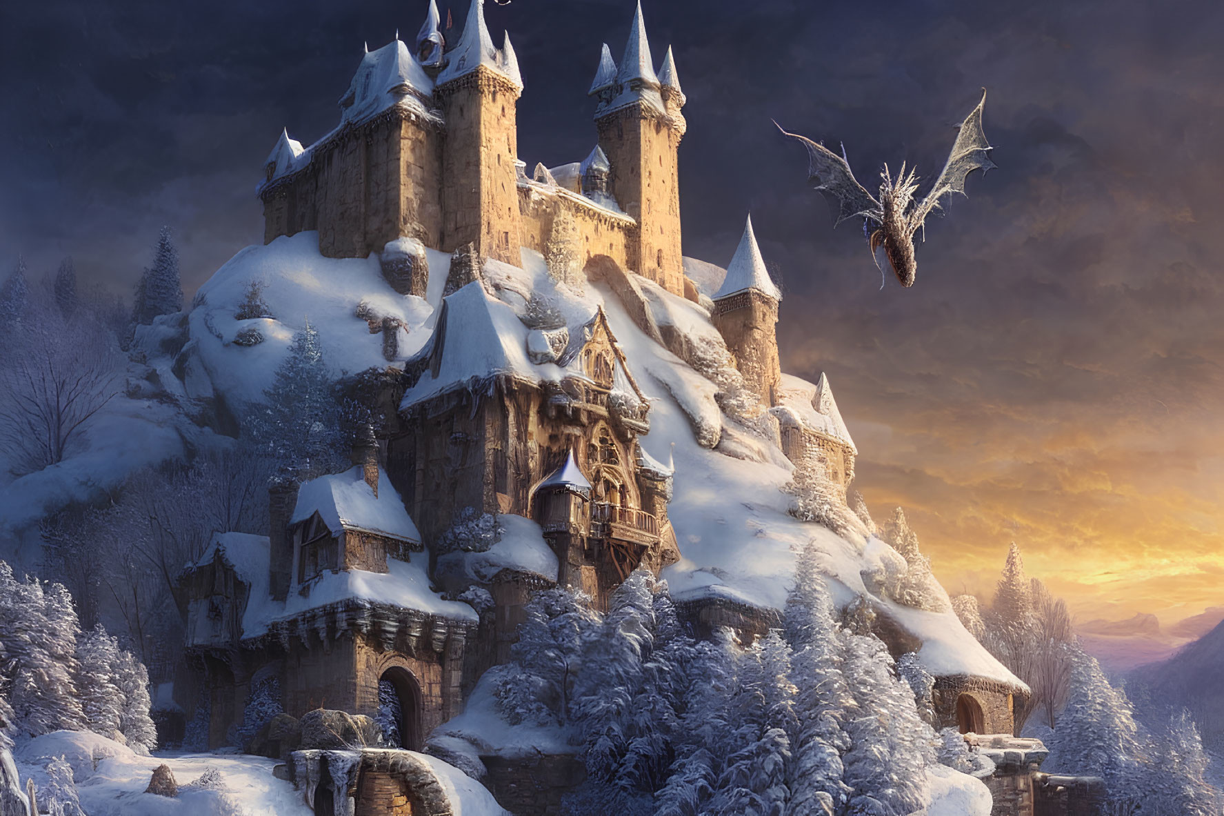 Snow-covered castle with soaring dragon at sunset