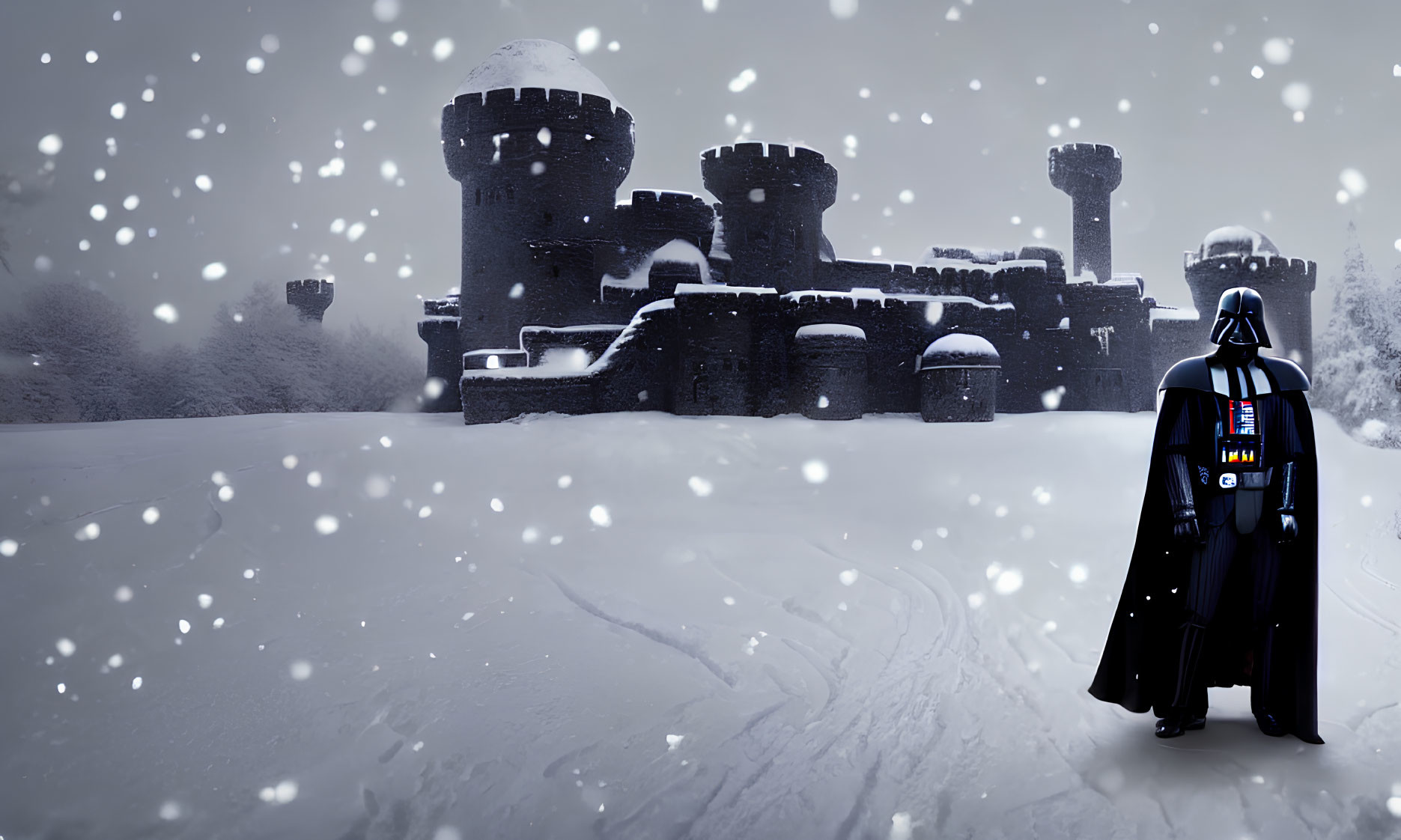 Mysterious figure in black suit and cape in snowy landscape with castle-like structure