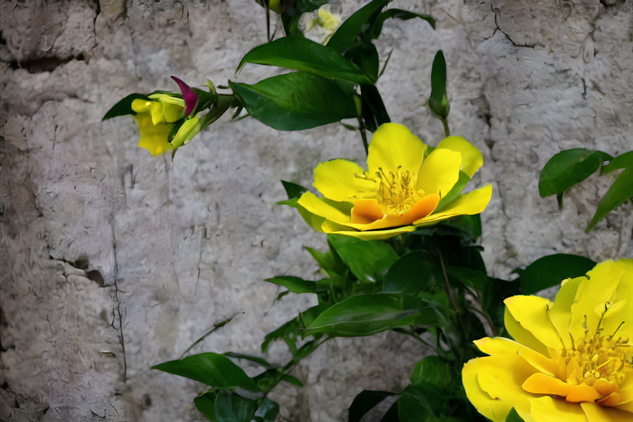 Yellow Flowers and Green Leaves Against Textured Gray Wall