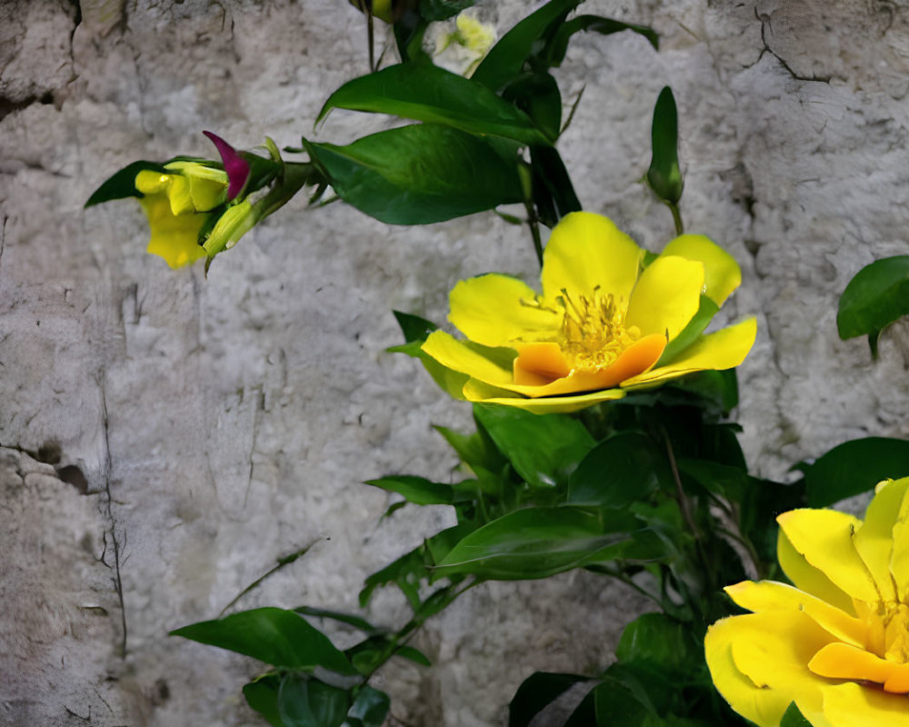 Yellow Flowers and Green Leaves Against Textured Gray Wall