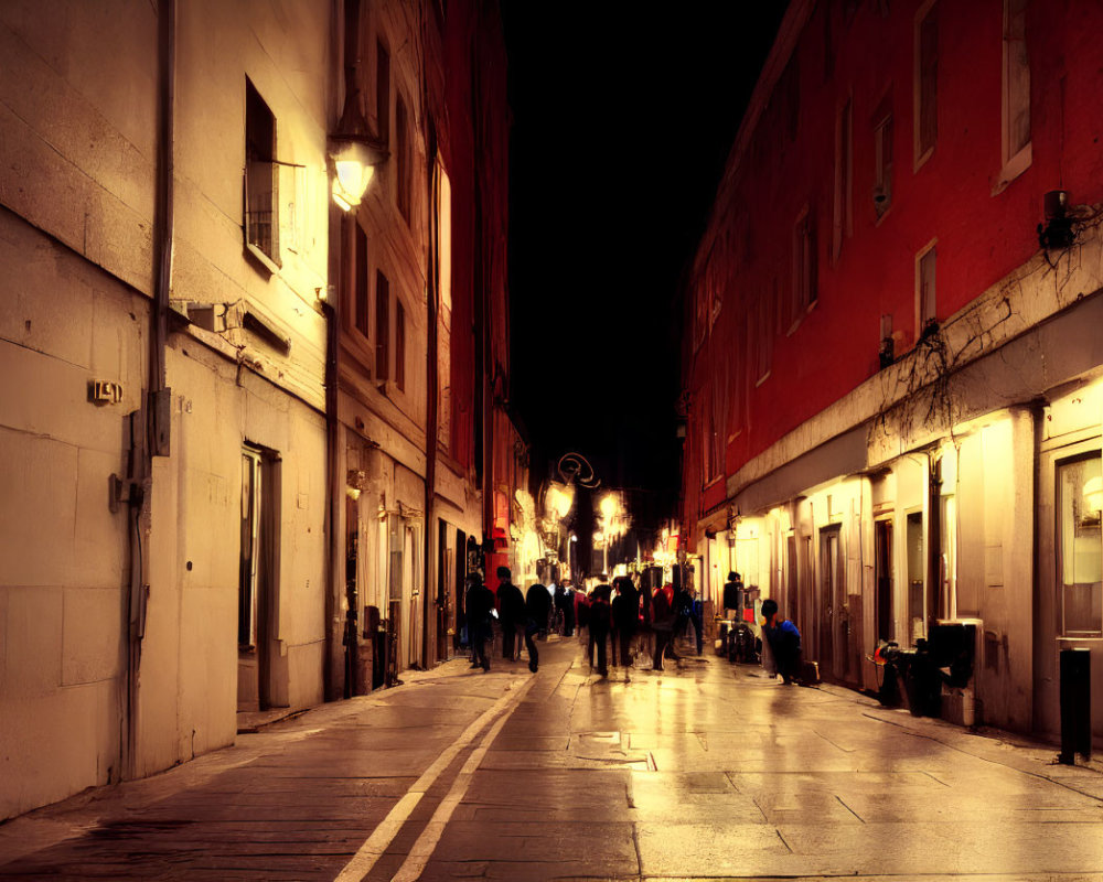 Bustling Nighttime Street Scene with Glowing Shops and People