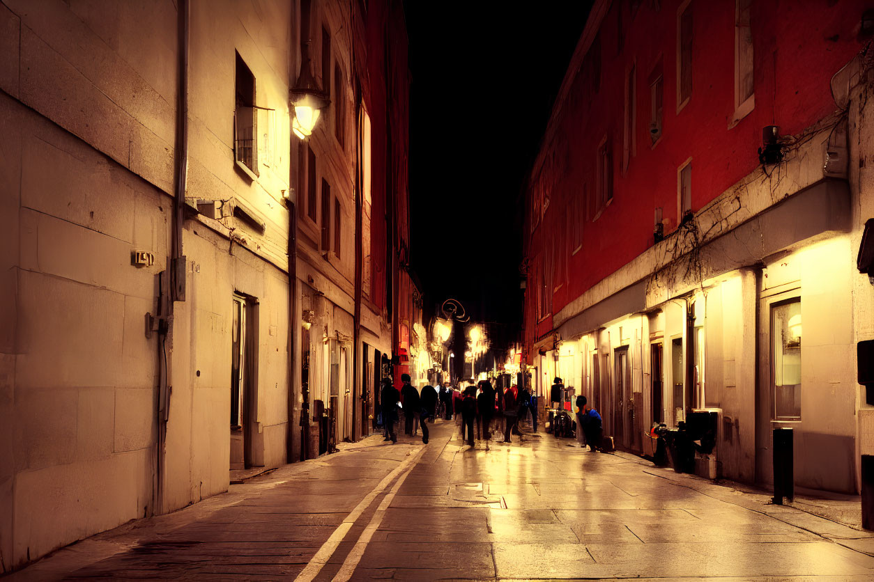 Bustling Nighttime Street Scene with Glowing Shops and People