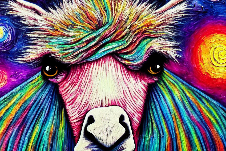 Colorful llama painting with swirling patterns and rainbow hues