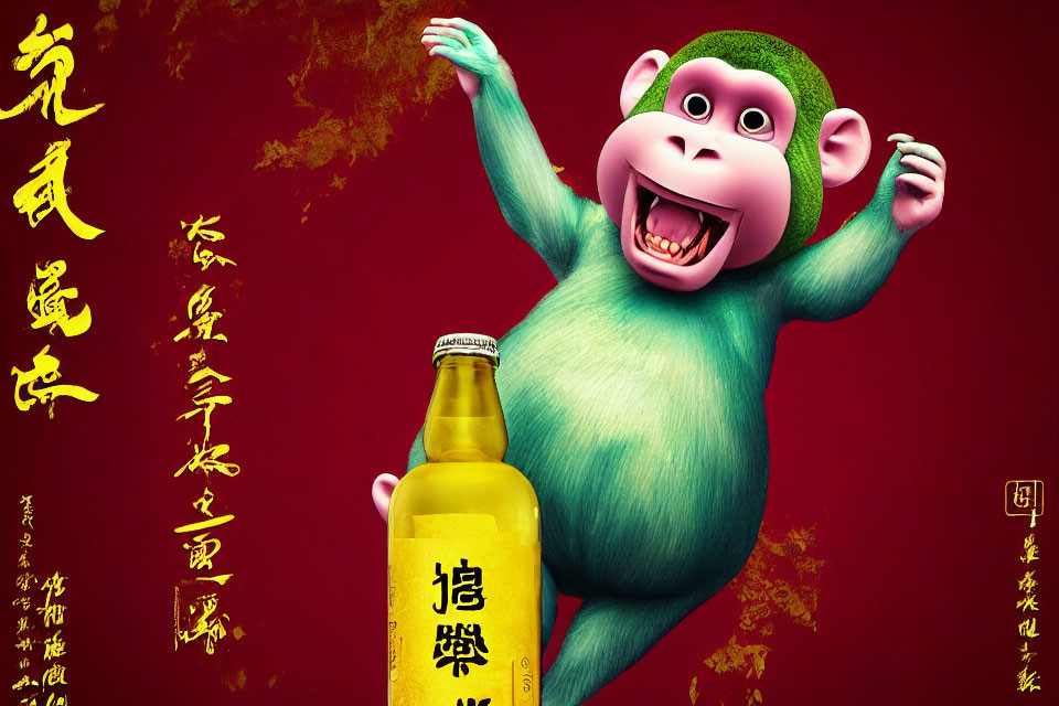 Colorful Cartoon Monkey Holding Chinese Text Bottle on Red Background