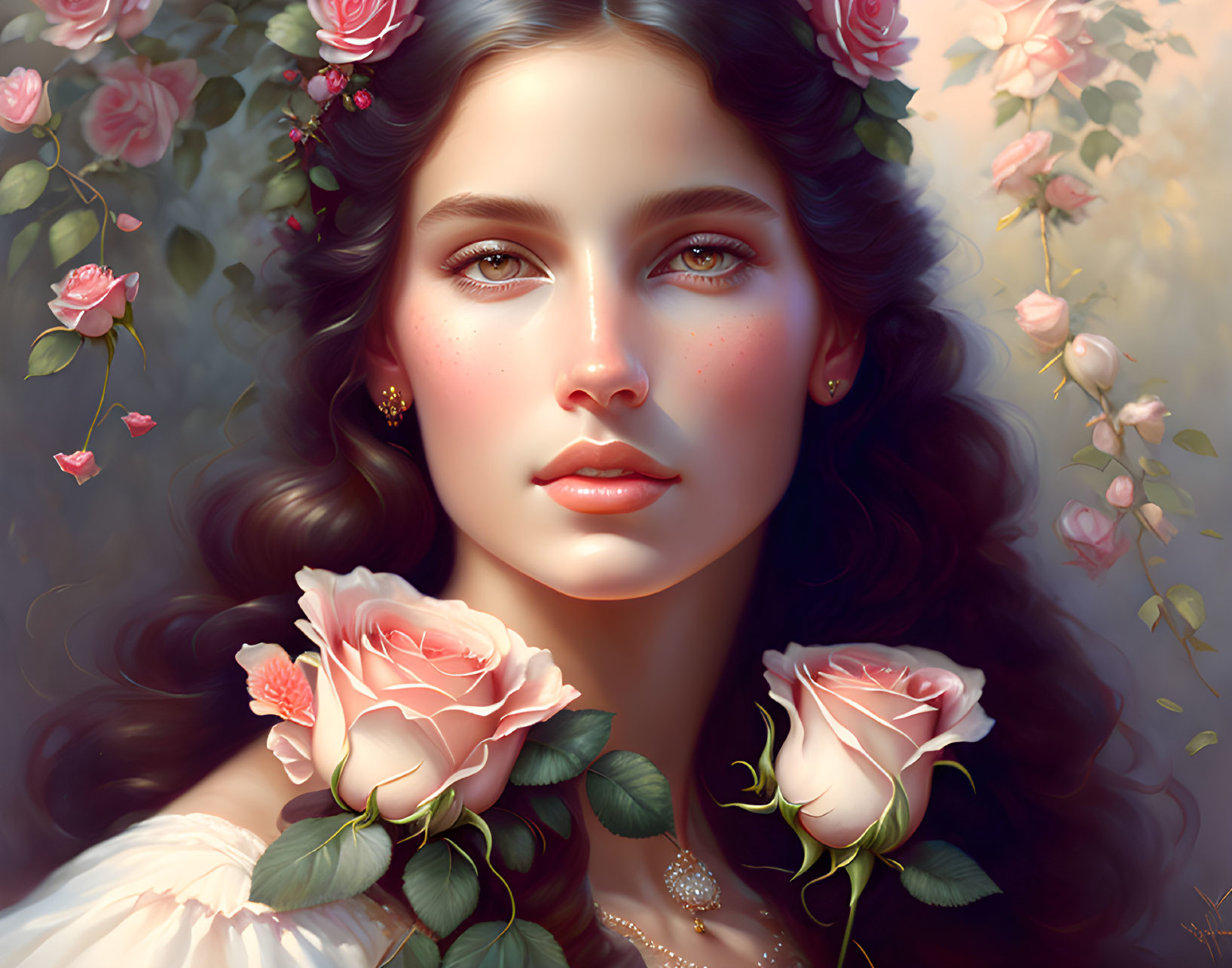 Digital art portrait: Woman with dark hair, fair skin, pink roses, romantic atmosphere