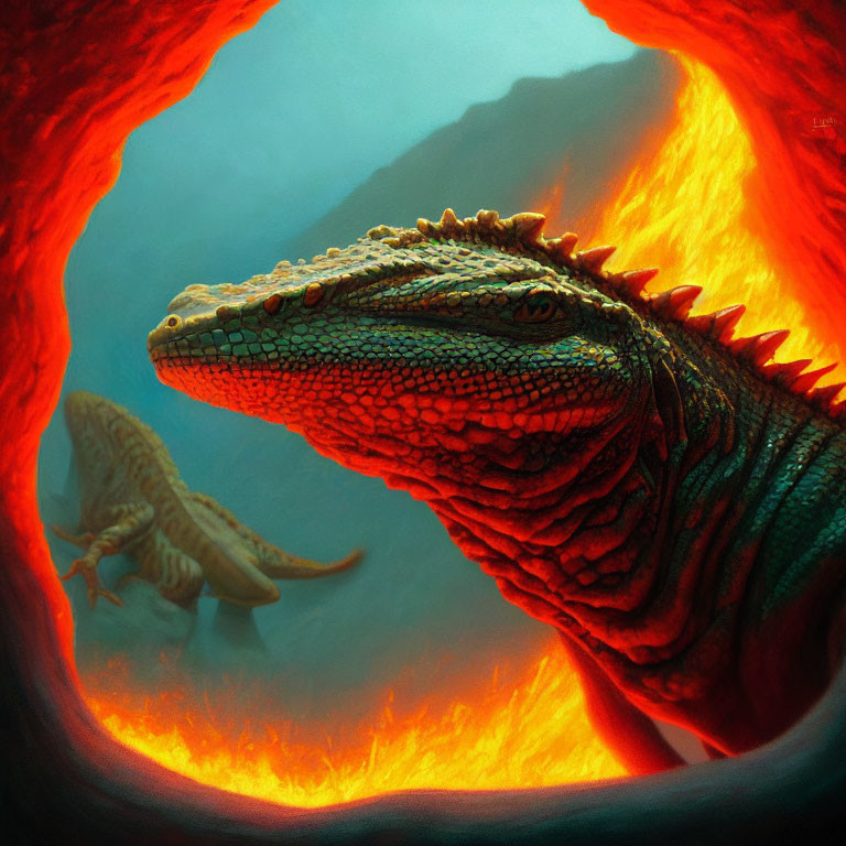 Detailed Scaly Dragon with Horns in Fiery Cavern