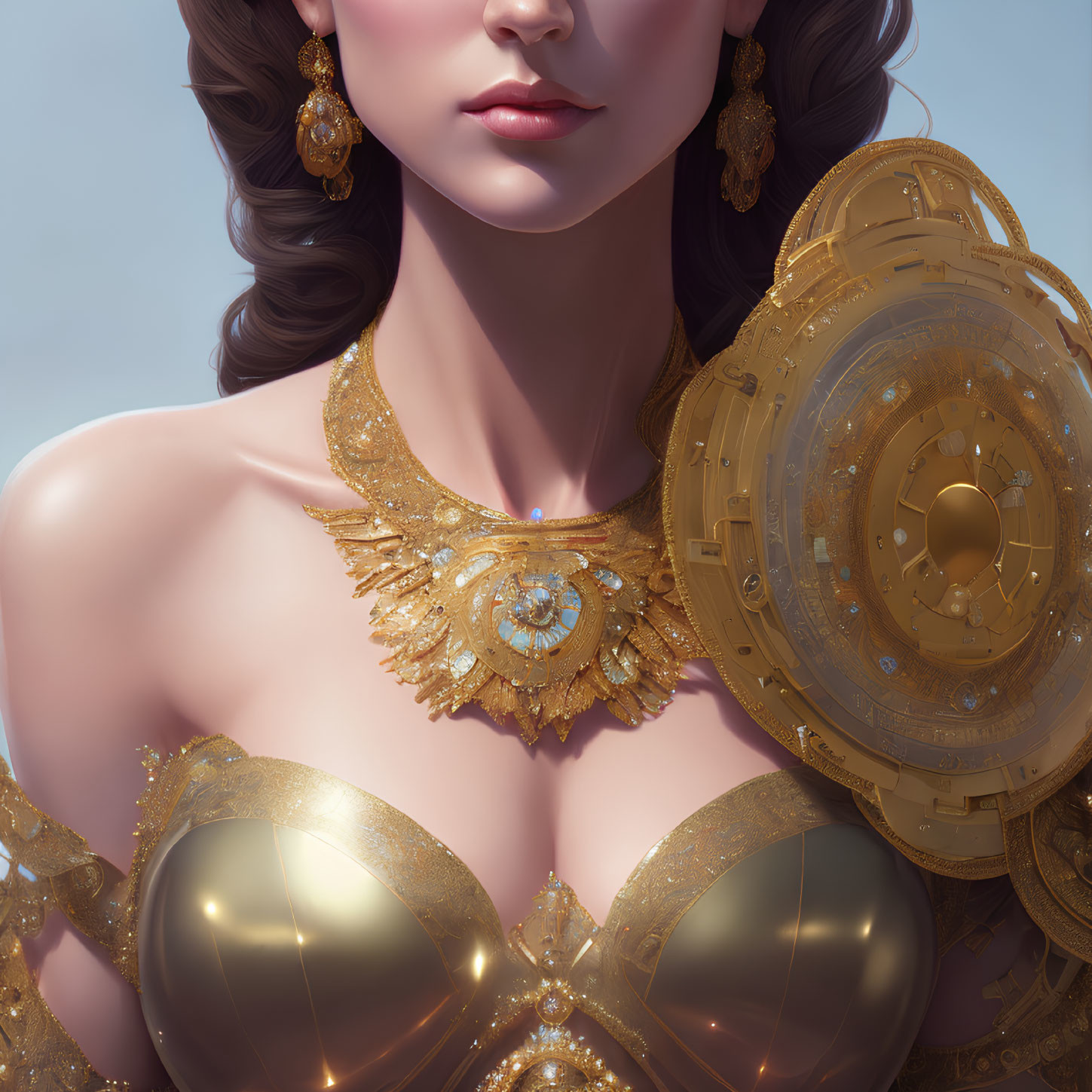 Detailed illustration: Woman adorned with golden jewelry and mechanical shoulder accessory on soft background