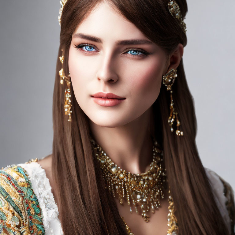 Woman with Striking Blue Eyes and Golden Jewelry in Richly Embroidered Outfit