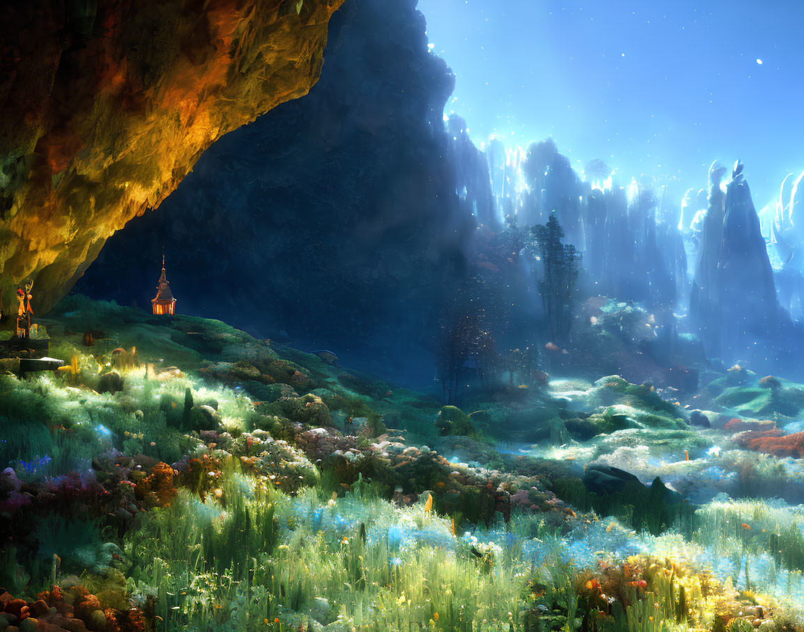 Enchanted cave leading to luminous fantasy landscape.