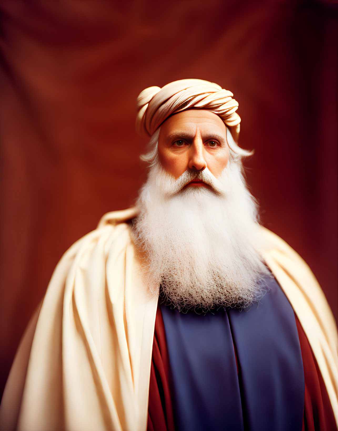 Historical portrait of man with white beard and turban on red backdrop