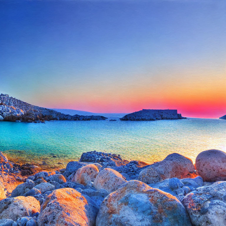 Tranquil sunset seascape with rocky shore and distant fortification