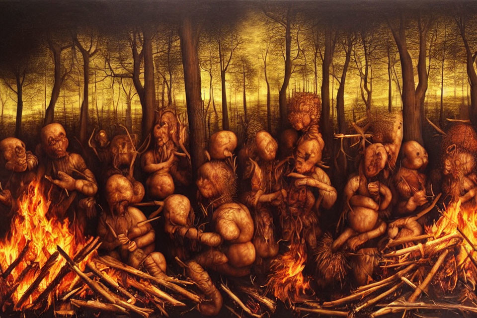 Surreal anthropomorphic figures in forest with bonfire & eerie forms