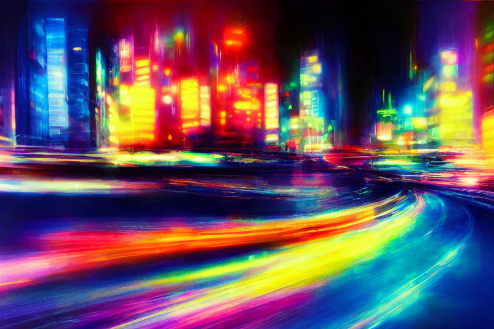 Colorful Abstract Cityscape with Neon Lights and Blurred Reflections