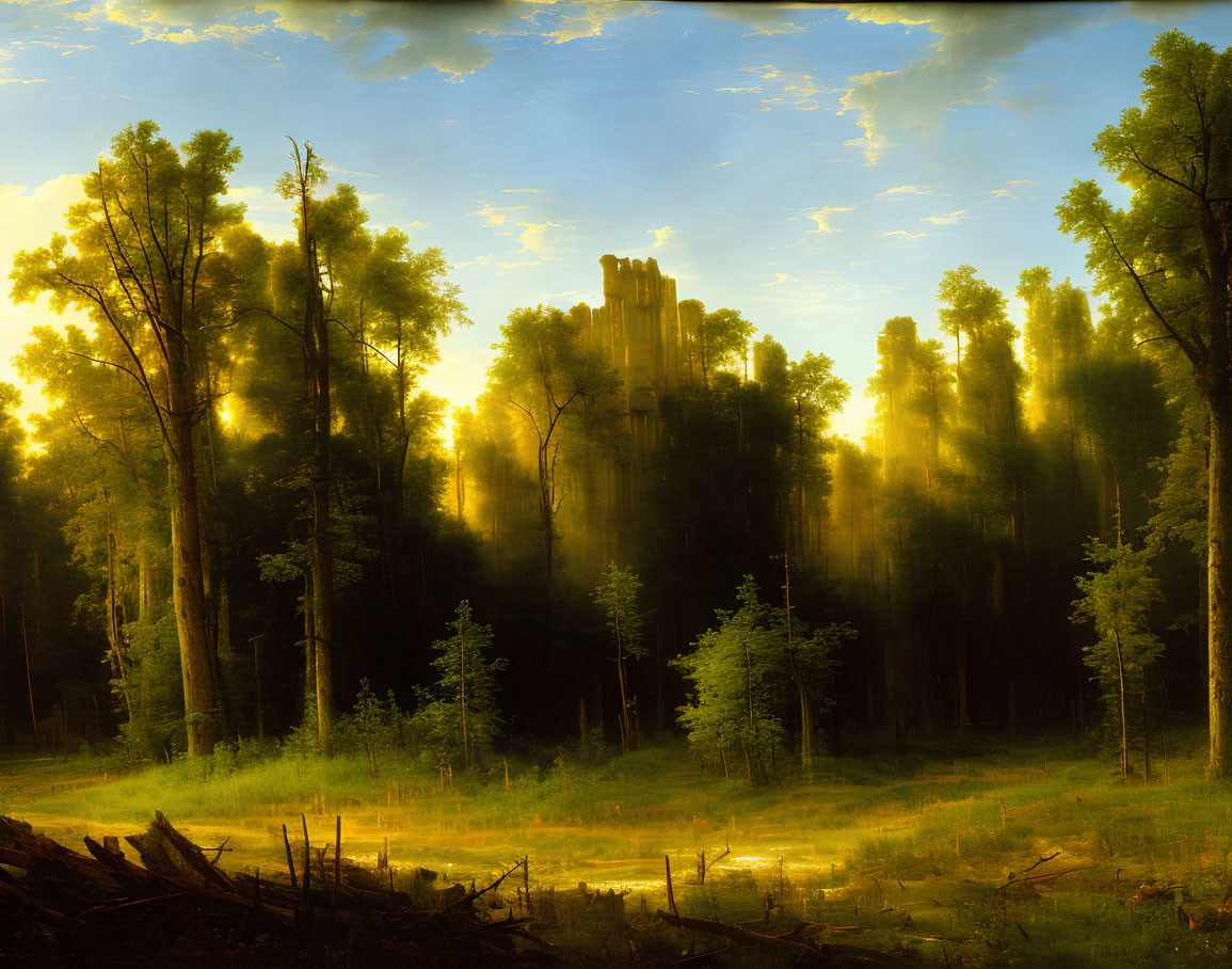 Tranquil forest landscape with sunlight filtering through tall trees