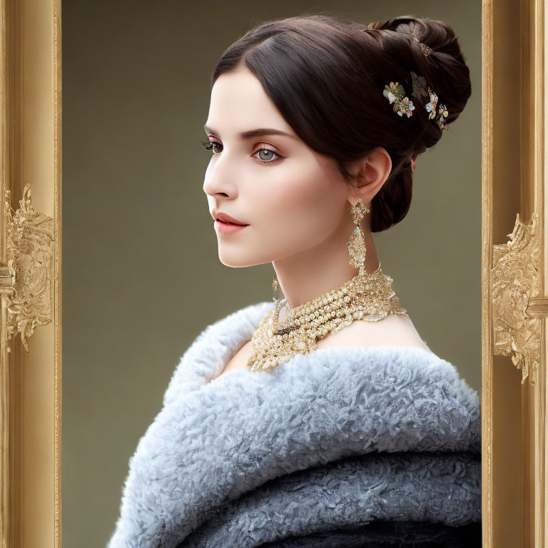 Dark-haired woman in updo with floral hairpiece, gold jewelry, blue shawl, framed in