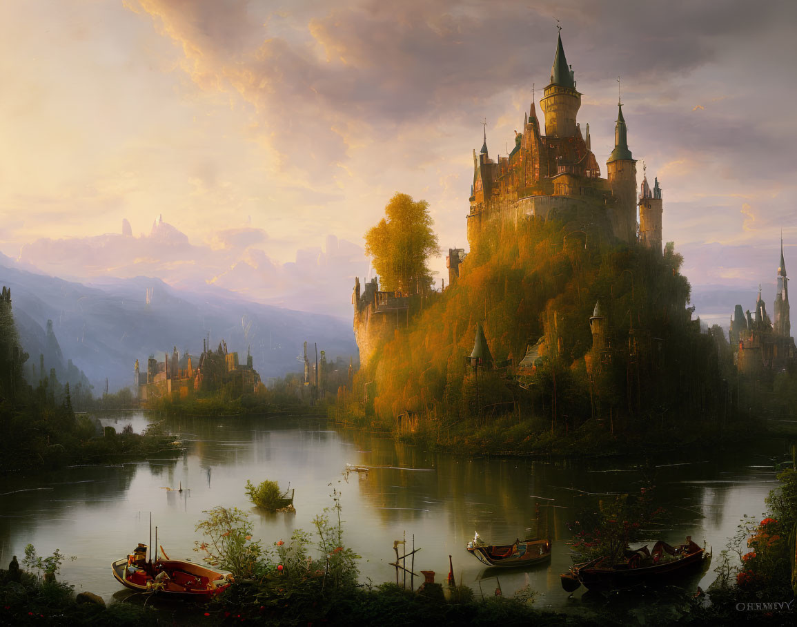 Enchanting castle in autumn setting with river and boats